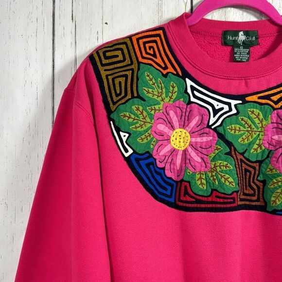 Hunt Club Vintage Embroidered Hot Pink Long Sleeve Crewneck Pullover Sweater - Picture 3 of 13
